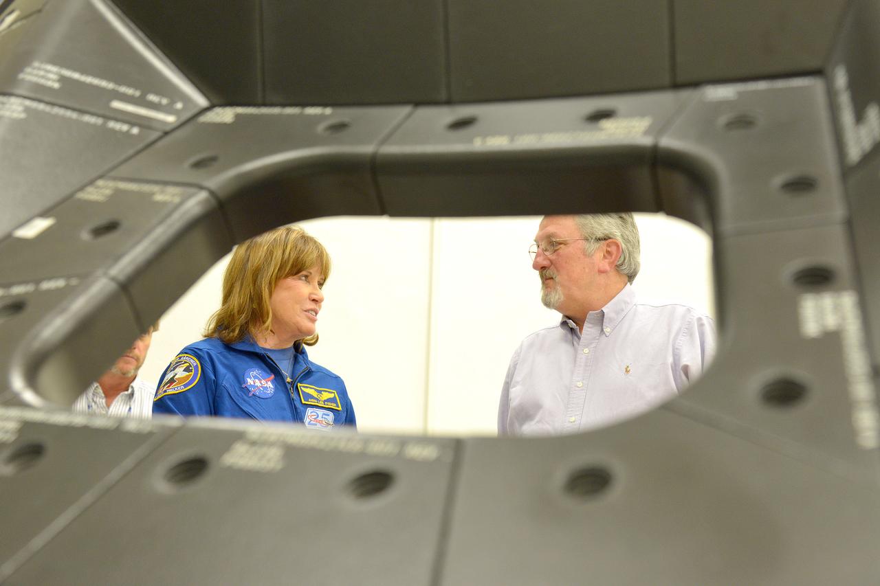 Astronaut Anna Fisher observes Orion Exploration Flight Test-1 (EFT-1) crew module and service module mating operations in Operations and Checkout (O&amp;C) Building at Kennedy Space Center on June 9, 2014. Part of Batch image transfer from Flickr.