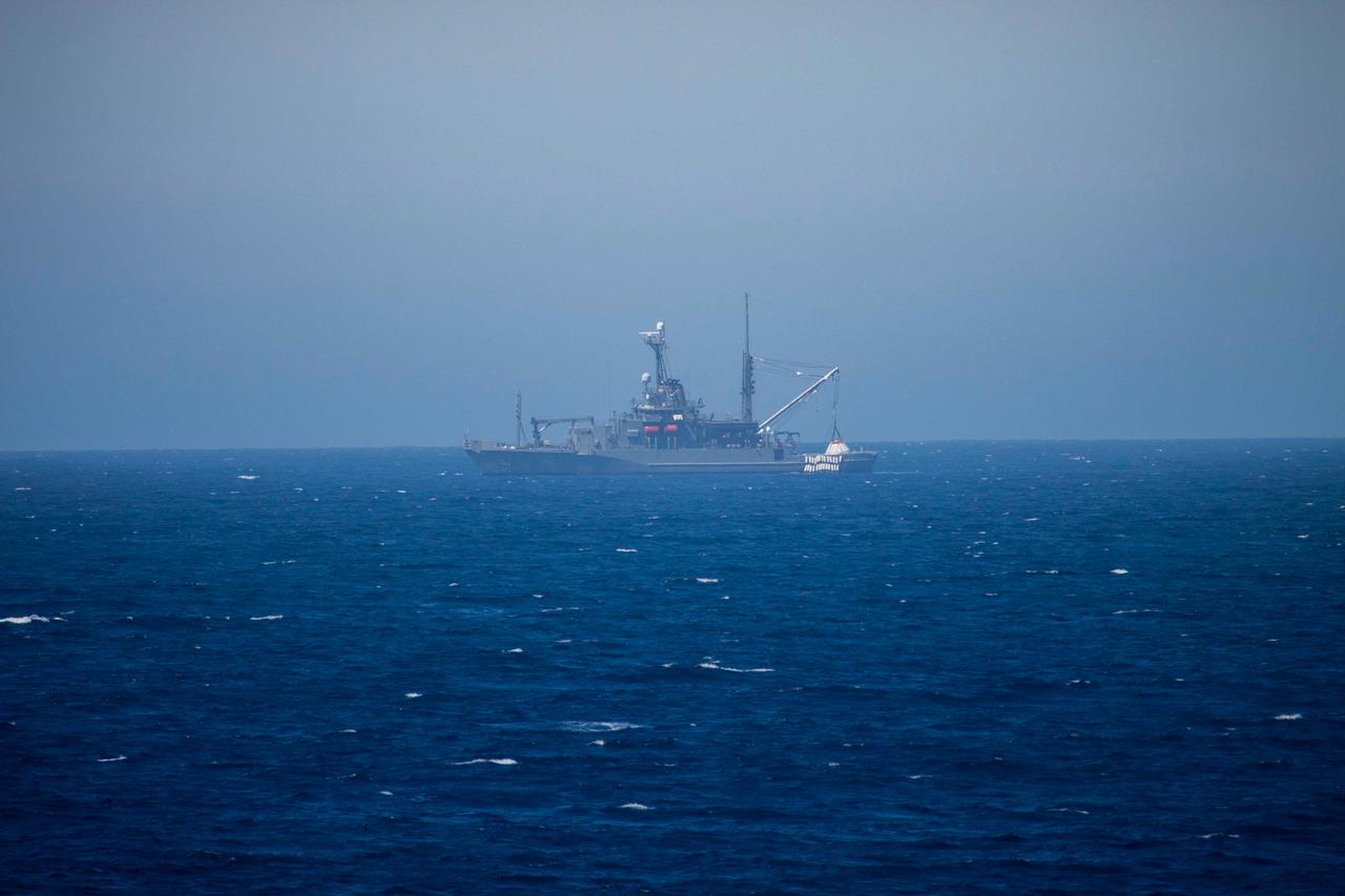 NASA and Navy personnel on board the Salvor used the ship's crane to test recovery techniques on Sept. 15, 2014, prior to Exploration Flight Test-1 (EFT-1).  Part of Batch image transfer from Flickr.