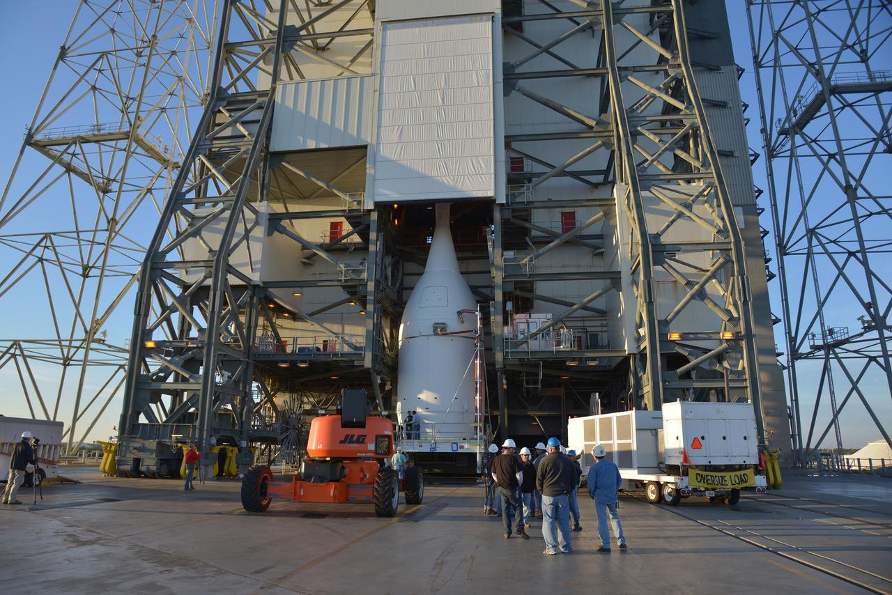 The Orion spacecraft was lifted on top of the Delta IV Heavy launch vehicle at ULA's Launch Complex 37 on Nov. 12, 2014. Over the next few days the Lockheed Martin/ULA team will work to complete the connections between Orion and the launch vehicle in preparation for Exploration Flight Test-1 (EFT-1).  Part of Batch image transfer from Flickr.