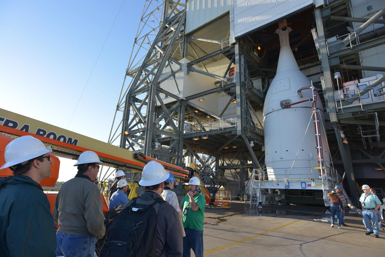 The Orion spacecraft was lifted on top of the Delta IV Heavy launch vehicle at ULA's Launch Complex 37 on Nov. 12, 2014. Over the next few days the Lockheed Martin/ULA team will work to complete the connections between Orion and the launch vehicle in preparation for Exploration Flight Test-1 (EFT-1). Part of Batch image transfer from Flickr.