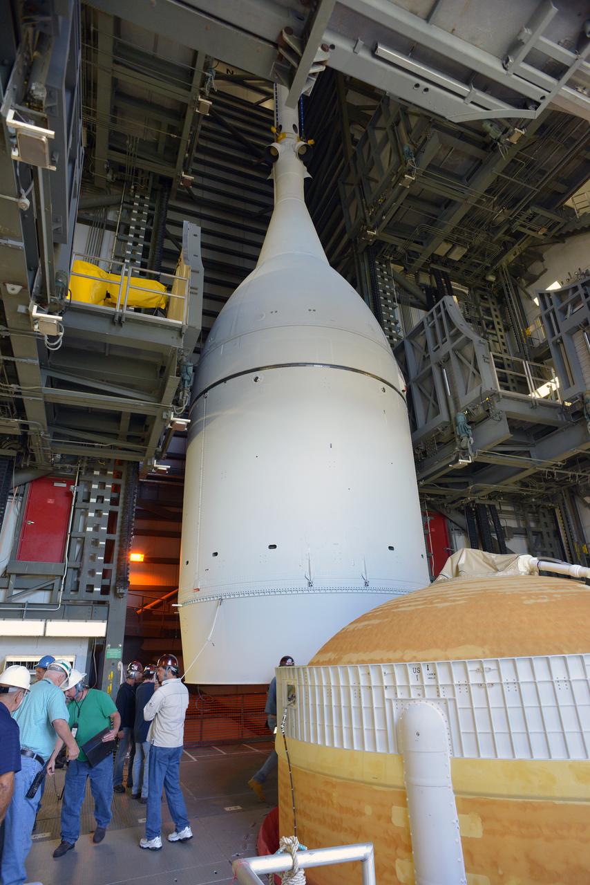 The Orion spacecraft was lifted on top of the Delta IV Heavy launch vehicle at ULA's Launch Complex 37 on Nov. 12, 2014. Over the next few days the Lockheed Martin/ULA team will work to complete the connections between Orion and the launch vehicle in preparation for Exploration Flight Test-1 (EFT-1).  Part of Batch image transfer from Flickr.