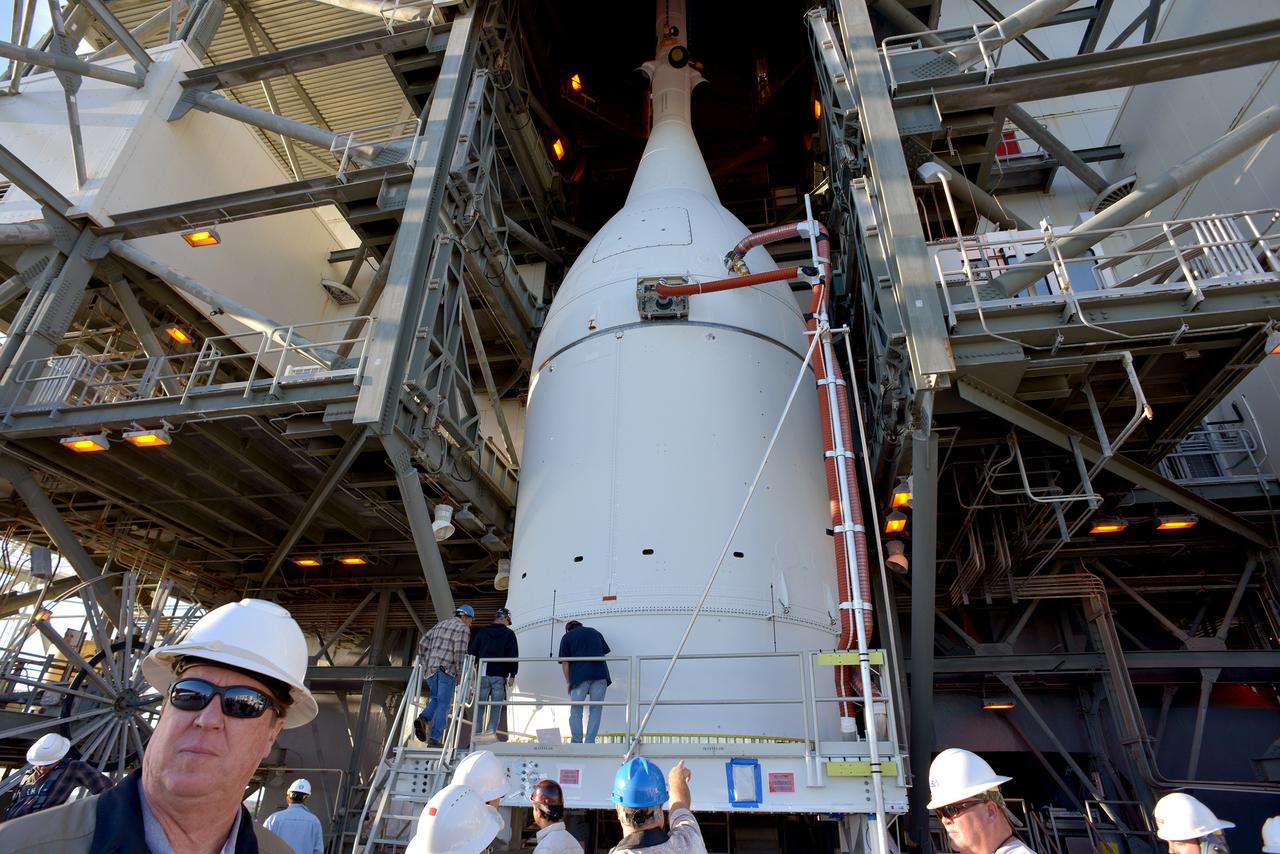 The Orion spacecraft was lifted on top of the Delta IV Heavy launch vehicle at ULA's Launch Complex 37 on Nov. 12, 2014. Over the next few days the Lockheed Martin/ULA team will work to complete the connections between Orion and the launch vehicle in preparation for Exploration Flight Test-1 (EFT-1).  Part of Batch image transfer from Flickr.