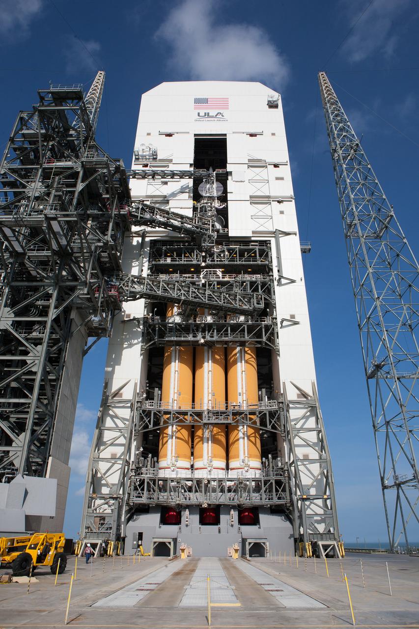 Exploration Flight Test-1 (EFT-1) Orion stacked on the Delta IV Heavy launch vehicle at United Launch Alliance Launch Complex 37B at Kennedy Space Center in Florida on Nov. 24, 2014.  Part of Batch image transfer from Flickr.