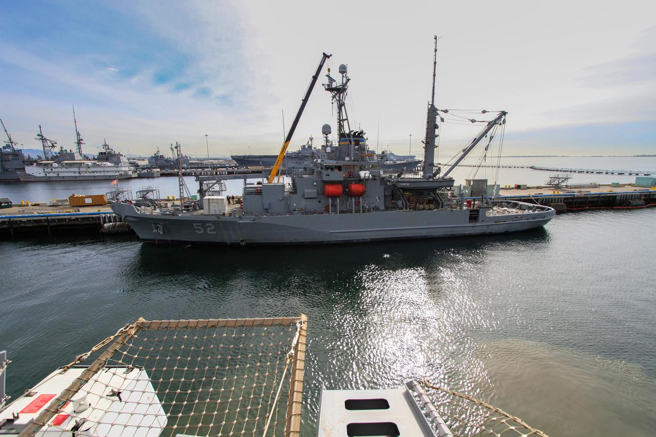 The Navy's USNS Salvor sets sail along side the USS Anchorage, as both ships make their way to the Orion recovery zone on Dec. 1, 2014. Orion is scheduled to launch on Exploration Flight Test-1 (EFT-1) from Florida on Dec. 4, and splashdown 4.5 hours later in the Pacific Ocean. It will be picked up and brought back to shore by the Anchorage, with the Salvor acting as backup. Part of Batch image transfer from Flickr.