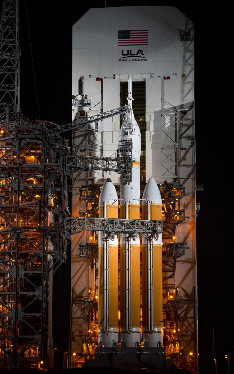 A United Launch Alliance Delta IV Heavy rocket with NASA’s Orion spacecraft mounted atop is seen as the Mobile Service Tower is rolled back on Dec. 3, 2014, at Cape Canaveral Air Force Station's Space Launch Complex 37, Florida. Orion is scheduled to make its first flight test on Exploration Flight Test-1 (EFT-1) on Dec. 4 with a morning launch atop the Delta IV Heavy.  Part of Batch image transfer from Flickr.