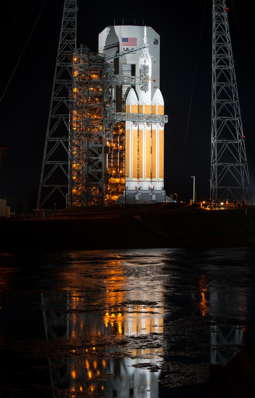 A United Launch Alliance Delta IV Heavy rocket with NASA’s Orion spacecraft mounted atop for Exploration Flight Test-1 (EFT-1) is seen after the Mobile Service Tower was finished rolling back early on Dec. 4, 2014, at Cape Canaveral Air Force Station's Space Launch Complex 37, Florida. Part of Batch image transfer from Flickr.