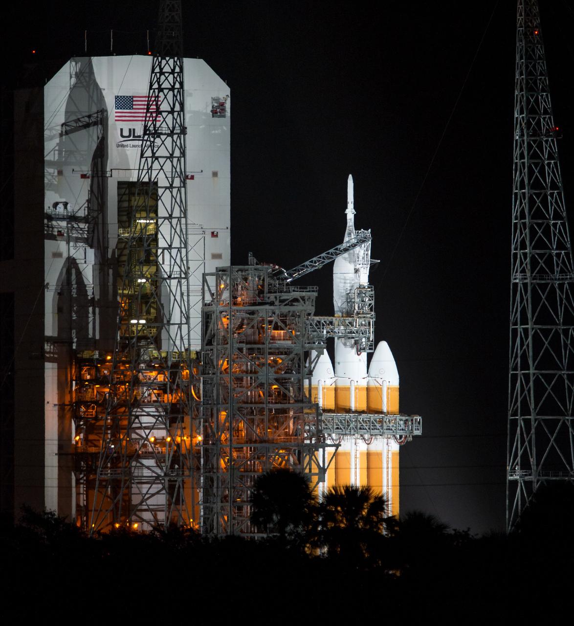 The United Launch Alliance Delta IV Heavy rocket with NASA’s Orion spacecraft mounted atop for Exploration Flight Test-1 (EFT-1) is seen early on Friday, Dec. 5, 2014, at Cape Canaveral Air Force Station's Space Launch Complex 37, Florida. Part of Batch image transfer from Flickr.