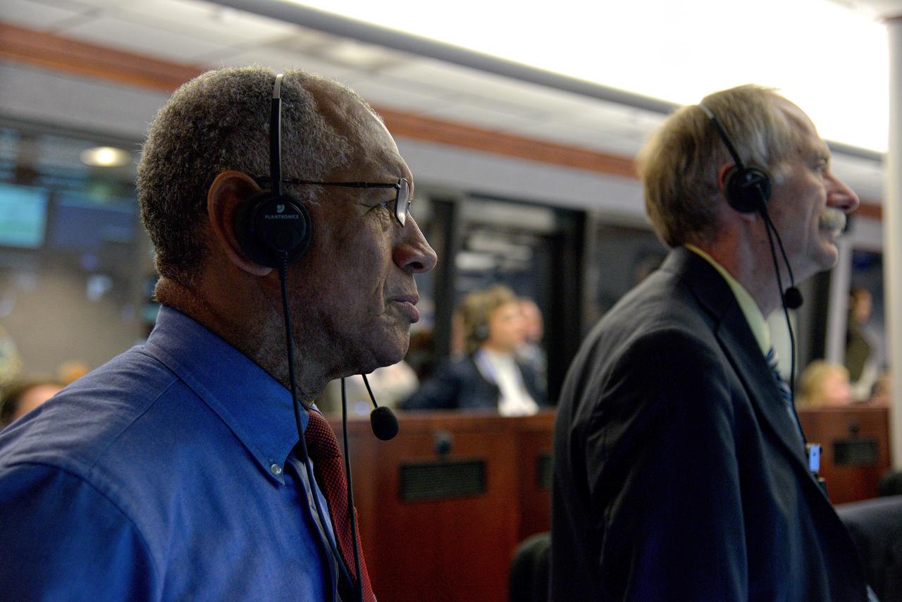 The Orion team watches the flight in Building AE at Cape Canaveral Air Force Station during Exploration Flight Test-1 (EFT-1) on Dec. 5, 2014. NASA Administrator Charles Bolden, left, NASA Associate Administrator for the Human Exploration and Operations Directorate William Gerstenmaier, are in frame. Part of Batch image transfer from Flickr.