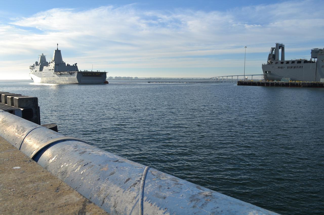 The USS Anchorage, carrying the Orion crew module, arrives in San Diego on Dec. 8, 2014. The Orion spacecraft successfully completed the first flight last week, traveling to an altitude of 3600 miles and returning to Earth at 20,000 miles per hour. The Navy and NASA team on board the USS Anchorage recovered Orion in the Pacific Ocean after splashdown. Part of Batch image transfer from Flickr.