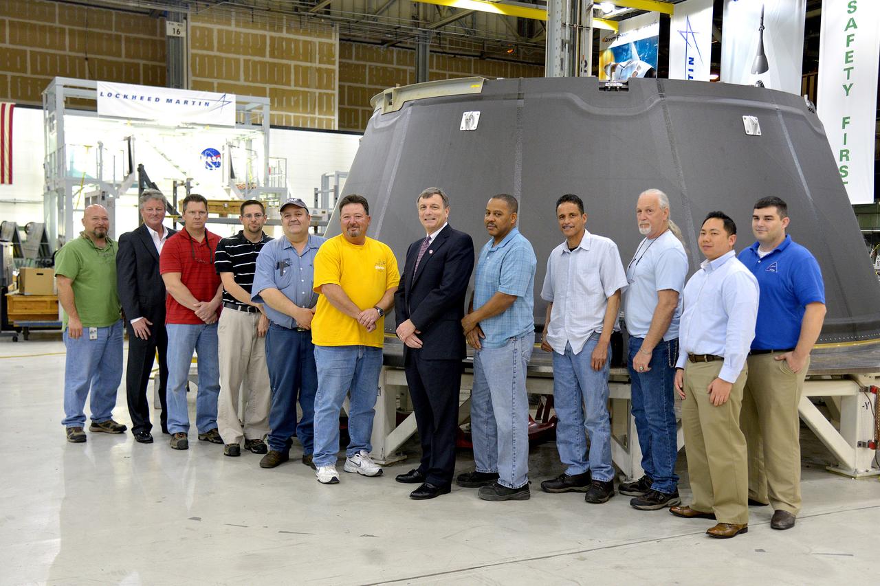 NASA and Lockheed Martin Orion leadership visits the team at Michoud Assembly Facility in New Orleans, Louisiana to thank them for their efforts in building the Orion spacecraft for Exploration Flight Test-1 (EFT-1) on March 16, 2015.  Part of Batch image transfer from Flickr.