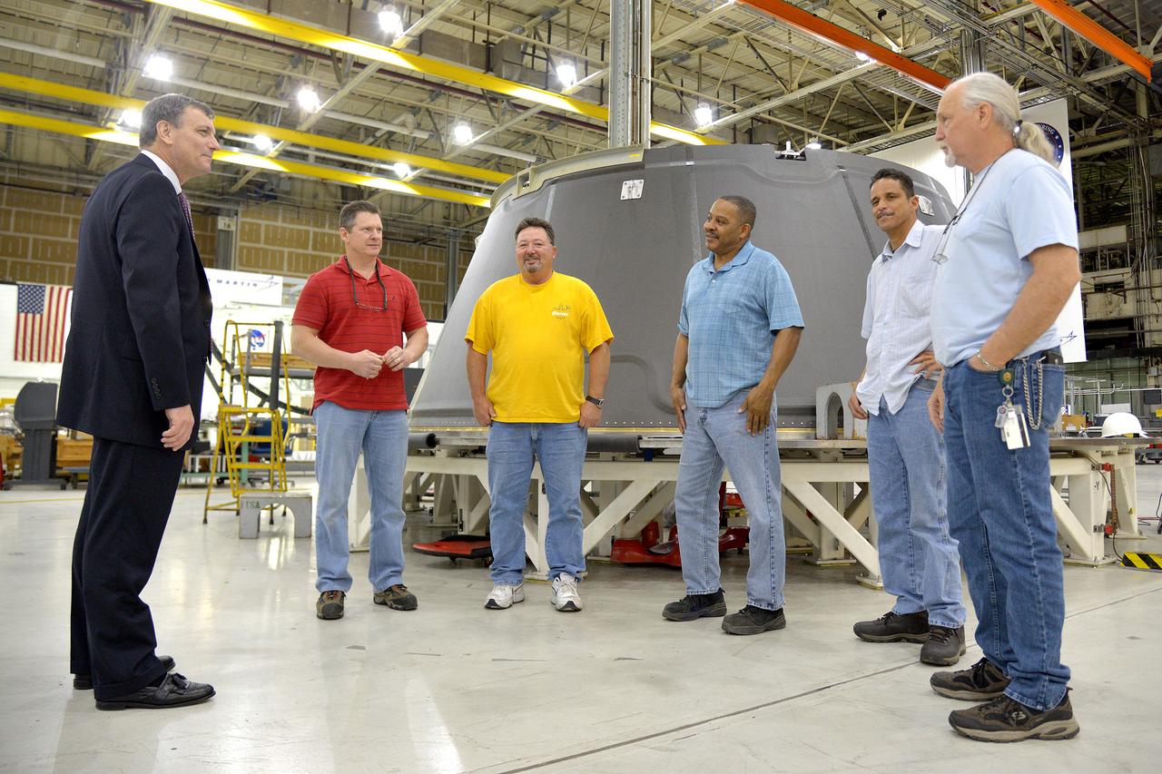 NASA and Lockheed Martin Orion leadership visits the team at Michoud Assembly Facility in New Orleans, Louisiana to thank them for their efforts in building the Orion spacecraft for Exploration Flight Test-1 (EFT-1) on March 16, 2015.  Part of Batch image transfer from Flickr.