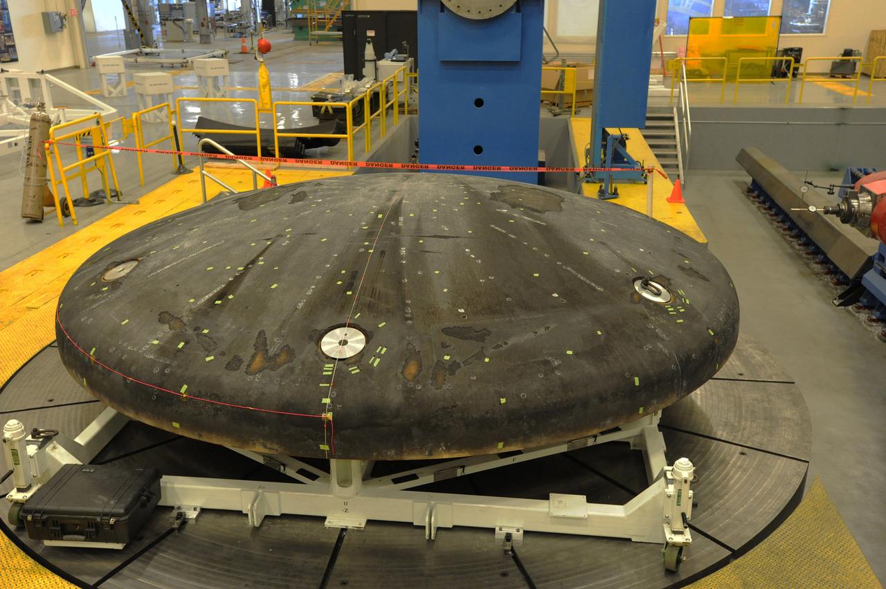 The Orion heat shield that flew on Exploration Flight Test-1 (EFT-1) in December 2014, arrives at Marshall Space Flight Center in Huntsville, AL for machining and post-flight evaluation on March 24, 2015. Part of Batch image transfer from Flickr.