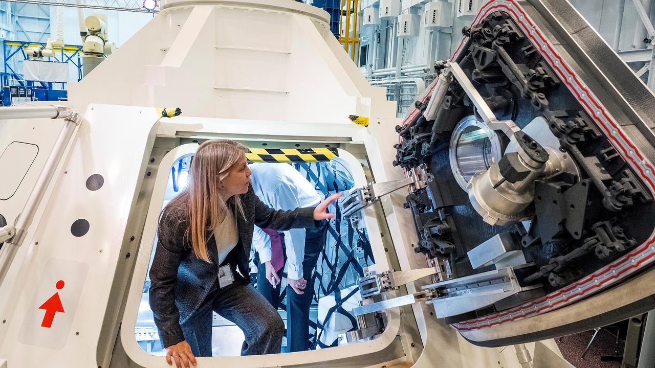NASA Deputy Administrator Dava Newman visits the Orion medium fidelity mockup with Orion program manager, Mark Geyer, at the Johnson Space Center in Houston on June 8, 2015. Part of Batch image transfer from Flickr.