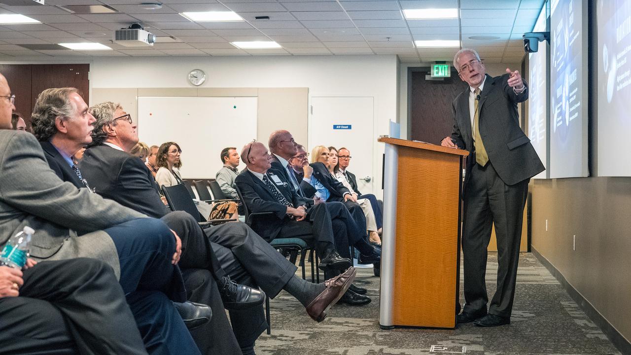 The Orion team visits United Launch Alliance in Denver, Colorado on July 14, 2015 to recognize their efforts in making Exploration Flight Test-1 (EFT-1) a success. Orion program manager, Mark Geyer, is at podium. Part of Batch image transfer from Flickr.