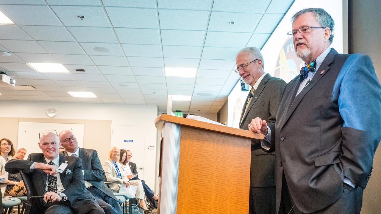 The Orion team visits United Launch Alliance in Denver, Colorado on July 14, 2015 to recognize their efforts in making Exploration Flight Test-1 (EFT-1) a success. Orion program manager, Mark Geyer, is at podium. Part of Batch image transfer from Flickr.