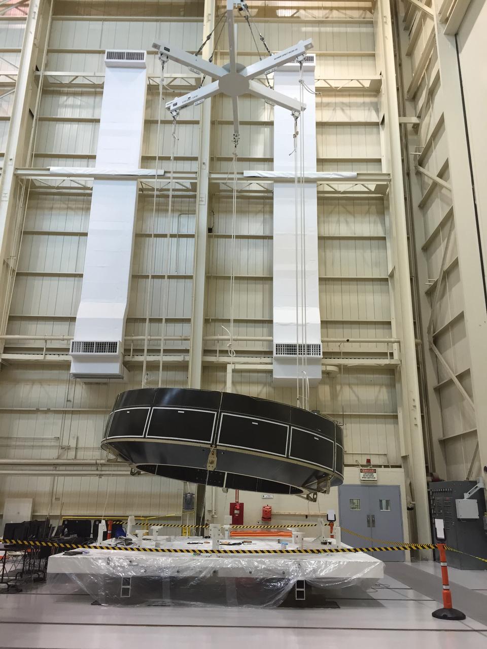 Engineers at the NASA’s Plum Brook Station in Sandusky, Ohio, begin the first of a series of modal tests on an Orion service module structural test article provided by the European Space Agency on July 20, 2015. This test vibrates spacecraft structural elements at various frequencies to simulate how launch vibrations and acoustics will affect the vehicle. Part of Batch image transfer from Flickr.