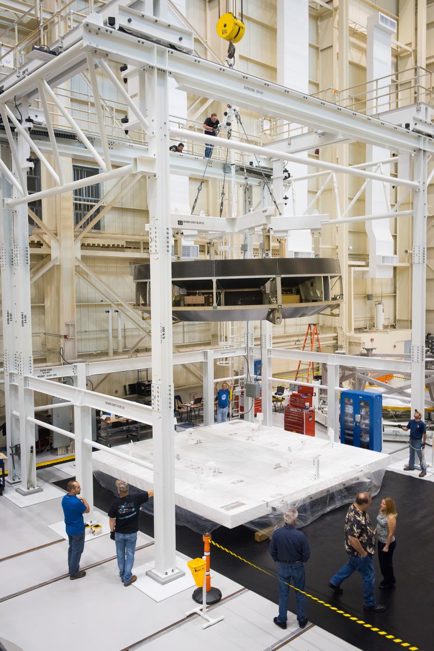 Engineers lift the Orion Crew Module Adapter Structural Test Article into the test stand at NASA Glenn Research Center Plum Brook Facility on Sept. 23, 2015.  Part of Batch image transfer from Flickr.