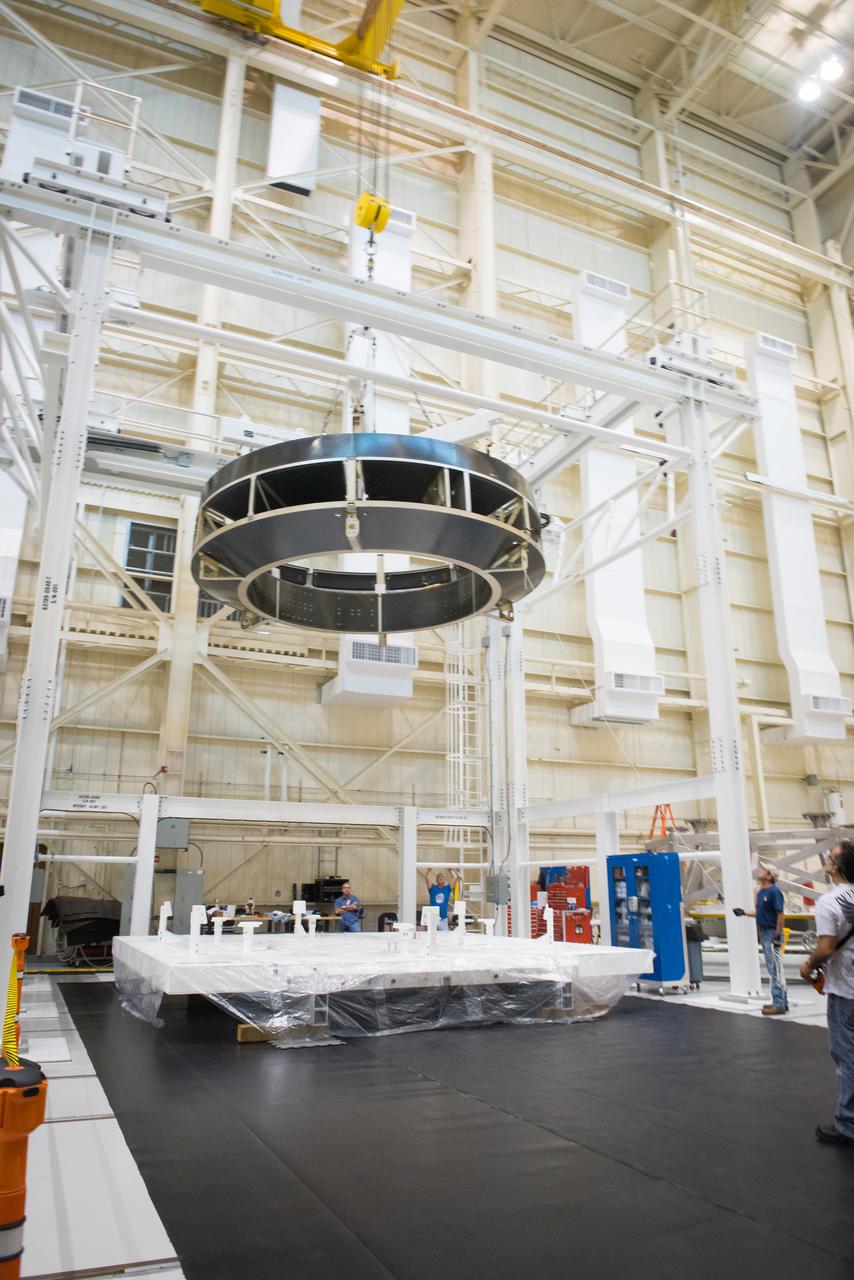 Engineers lift the Orion Crew Module Adapter Structural Test Article into the test stand at NASA Glenn Research Center Plum Brook Facility on Sept. 23, 2015. Part of Batch image transfer from Flickr.