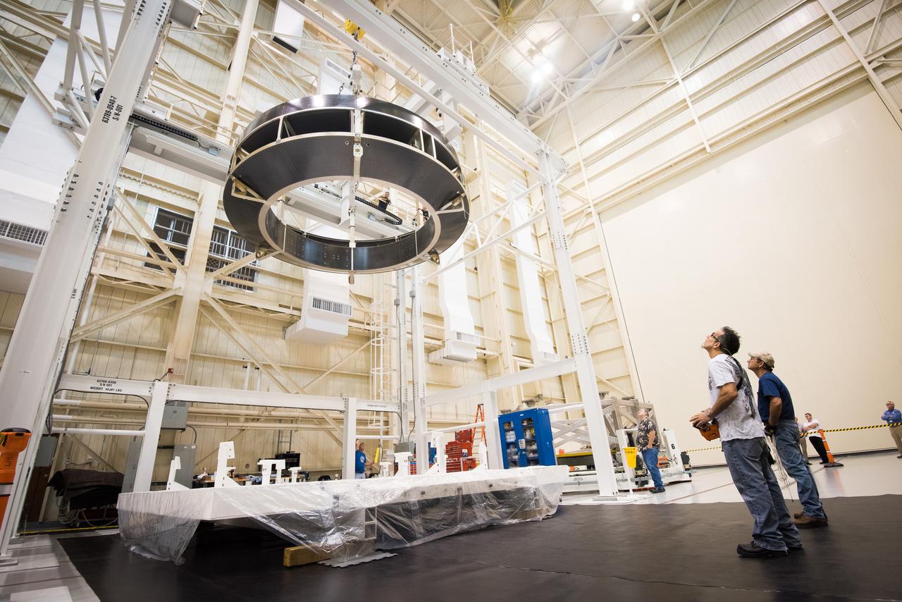 Engineers lift the Orion Crew Module Adapter Structural Test Article into the test stand at NASA Glenn Research Center Plum Brook Facility on Sept. 23, 2015.  Part of Batch image transfer from Flickr.