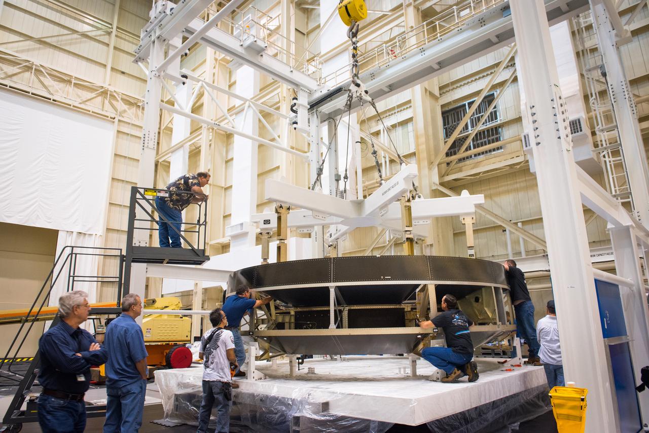 Engineers lift the Orion Crew Module Adapter Structural Test Article into the test stand at NASA Glenn Research Center Plum Brook Facility on Sept. 23, 2015.  Part of Batch image transfer from Flickr.