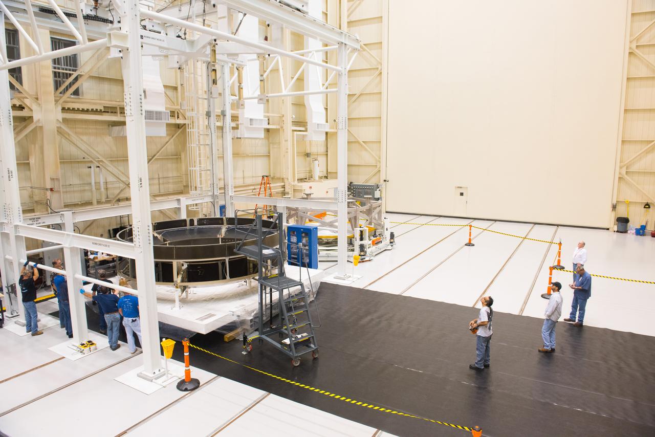 Engineers lift the Orion Crew Module Adapter Structural Test Article into the test stand at NASA Glenn Research Center Plum Brook Facility on Sept. 23, 2015.  Part of Batch image transfer from Flickr.