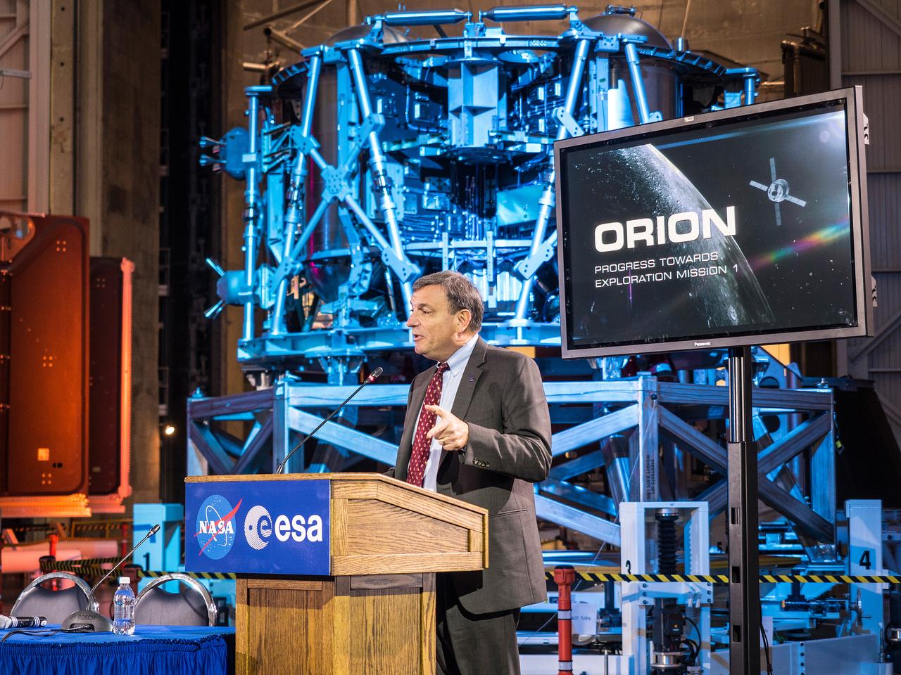 The European Service Module Structural Test Article (in the background) photographed at the Space Power Facility at NASA Glenn Research Center's Plum Brook Station in Sandusky, Ohio on Nov. 30, 2015.  Part of Batch image transfer from Flickr.