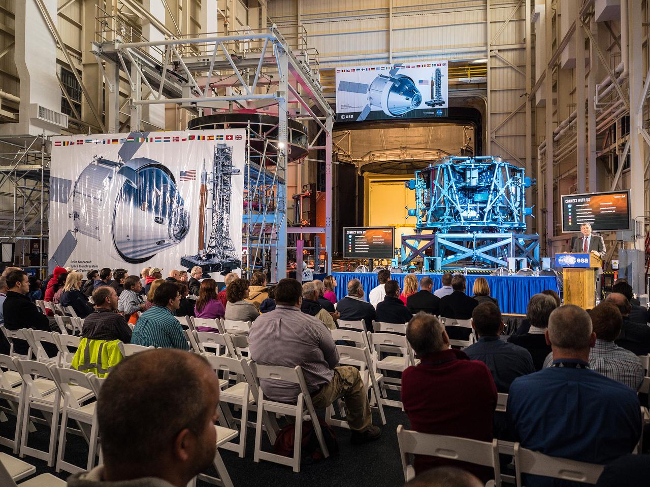 The European Service Module Structural Test Article (in the background) photographed at the Space Power Facility at NASA Glenn Research Center's Plum Brook Station in Sandusky, Ohio on Nov. 30, 2015.  Part of Batch image transfer from Flickr.