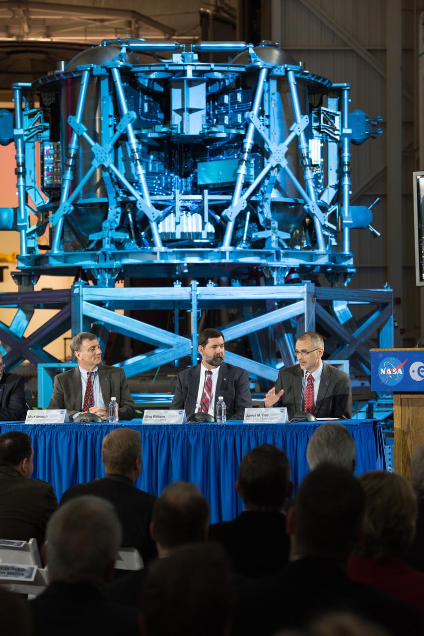 The European Service Module Structural Test Article (in the background) photographed at the Space Power Facility at NASA Glenn Research Center's Plum Brook Station in Sandusky, Ohio on Nov. 30, 2015.  Part of Batch image transfer from Flickr.