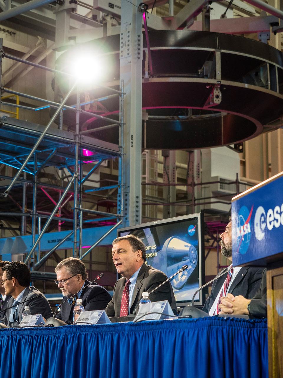 The European Service Module Structural Test Article (in the background) photographed at the Space Power Facility at NASA Glenn Research Center's Plum Brook Station in Sandusky, Ohio on Nov. 30, 2015.  Part of Batch image transfer from Flickr.