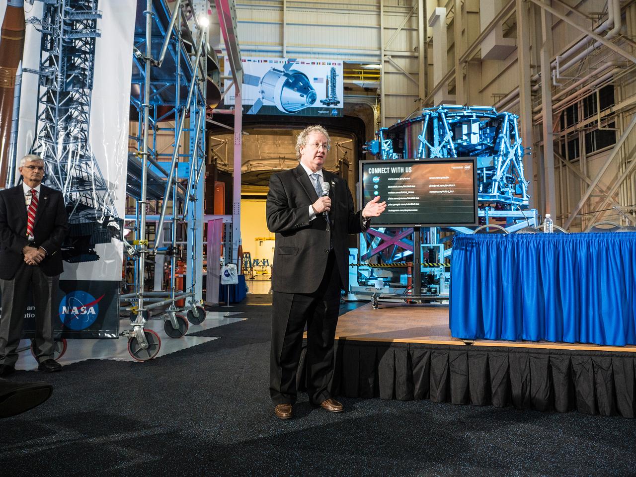 The European Service Module Structural Test Article (in the background) photographed at the Space Power Facility at NASA Glenn Research Center's Plum Brook Station in Sandusky, Ohio on Nov. 30, 2015.  Part of Batch image transfer from Flickr.