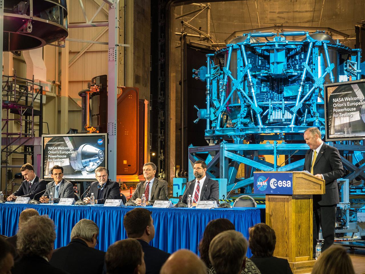 The European Service Module Structural Test Article (in the background) photographed at the Space Power Facility at NASA Glenn Research Center's Plum Brook Station in Sandusky, Ohio on Nov. 30, 2015.  Part of Batch image transfer from Flickr.