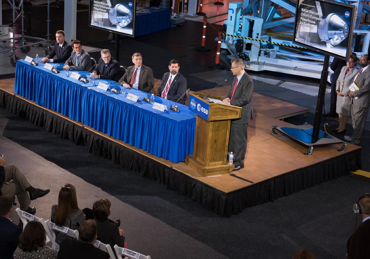 The European Service Module Structural Test Article (in the background) photographed at the Space Power Facility at NASA Glenn Research Center's Plum Brook Station in Sandusky, Ohio on Nov. 30, 2015.  Part of Batch image transfer from Flickr.