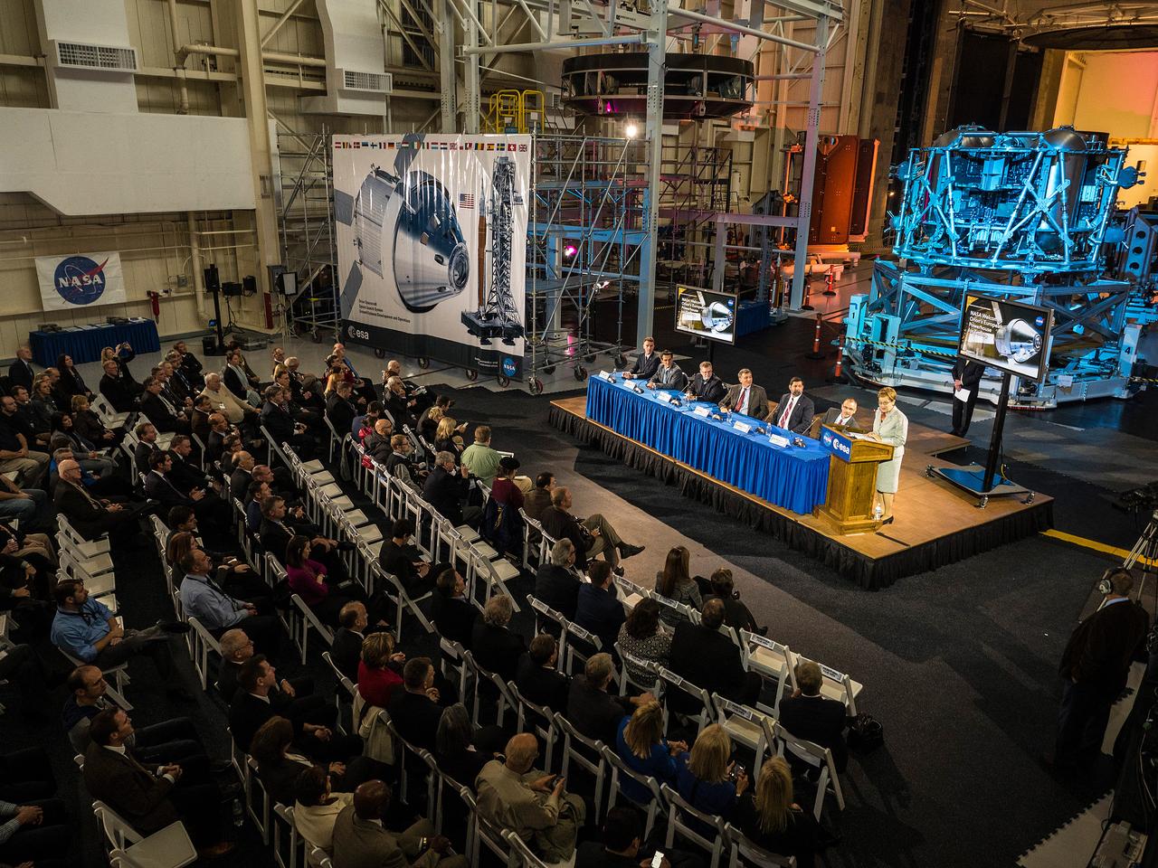 The European Service Module Structural Test Article (in the background) photographed at the Space Power Facility at NASA Glenn Research Center's Plum Brook Station in Sandusky, Ohio on Nov. 30, 2015.  Part of Batch image transfer from Flickr.