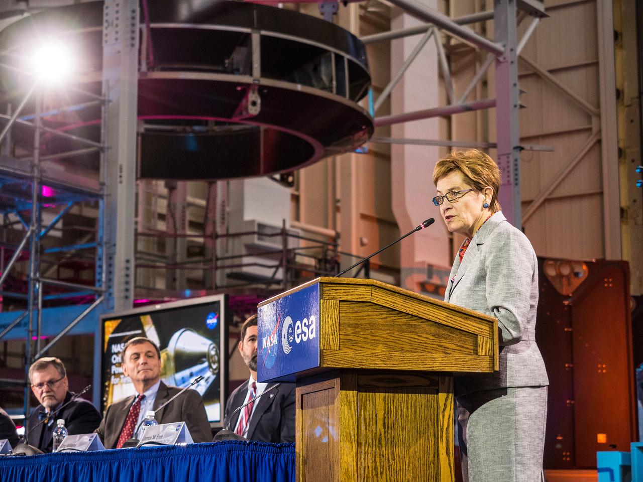 The European Service Module Structural Test Article (in the background) photographed at the Space Power Facility at NASA Glenn Research Center's Plum Brook Station in Sandusky, Ohio on Nov. 30, 2015.  Part of Batch image transfer from Flickr.