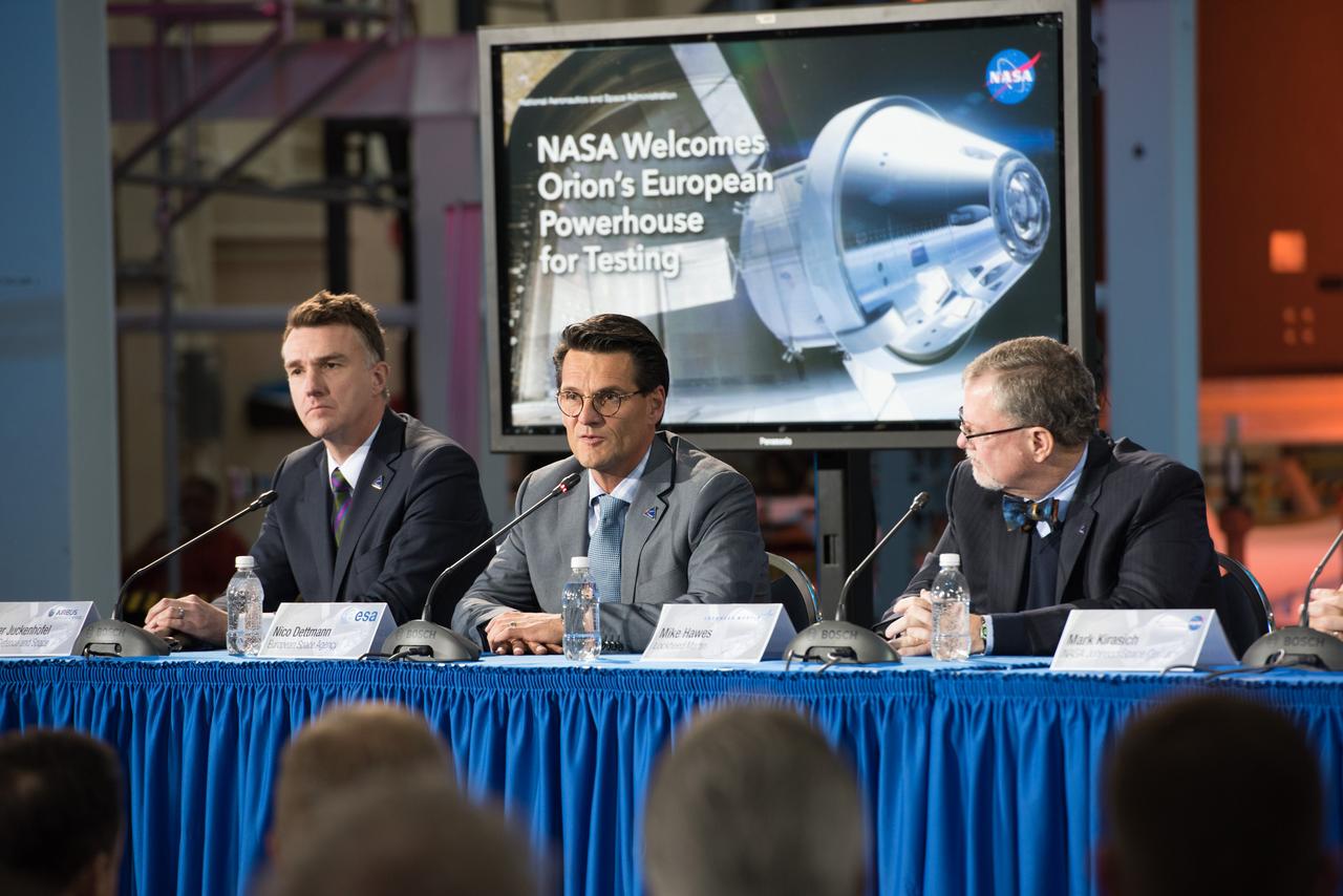 The European Service Module Structural Test Article (in the background) photographed at the Space Power Facility at NASA Glenn Research Center's Plum Brook Station in Sandusky, Ohio on Nov. 30, 2015.  Part of Batch image transfer from Flickr.