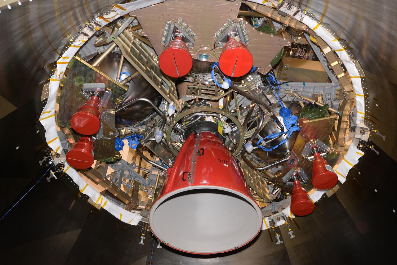 The European Service Module structural test model, shown on Jan. 23, 2016, is used for testing purposes before installing the real thing. It is as close to the flight version as possible while keeping costs and development time manageable. The structure and weight are the same, while mass equivalents stand in for electronics boxes not needed for the series of tests...The model was installed under a test version of the Crew Module Adapter, and sits on the Spacecraft Adapter that will attach Orion to its launch vehicle. This is the first time the European hardware has been physically connected to NASA’s elements...The service module will be shaken at NASA’s Plum Brook station in Sandusky, Ohio, USA, to recreate the vibrations of launch, as well as being subjected to acoustic and shock environments. Part of Batch image transfer from Flickr.