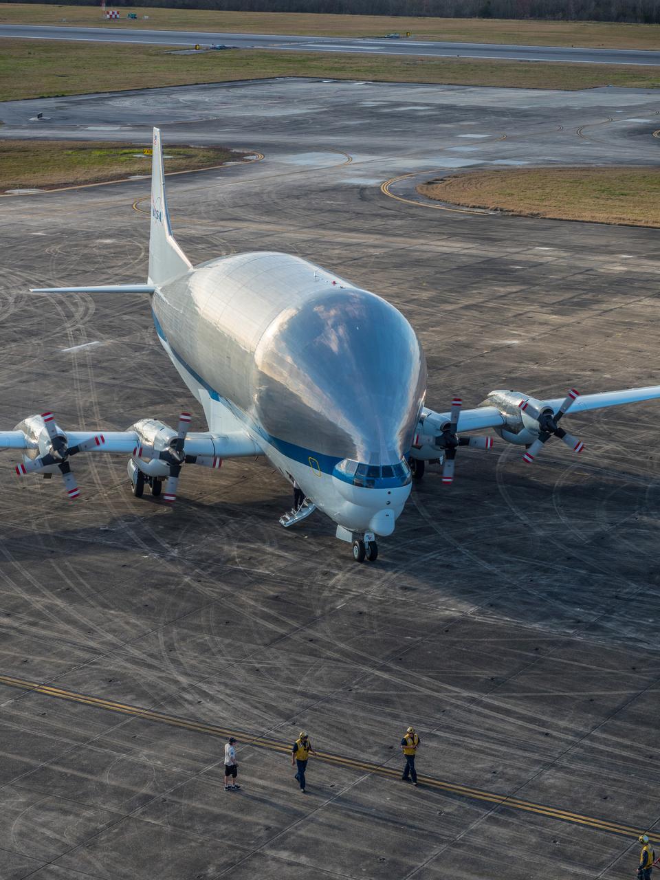 NASA's Super Guppy airplane arrives in New Orleans, Louisiana on Jan. 31, 2016. The Guppy will transport Orion's Artemis I crew module pressure vessel to Kennedy Space Center for final assembly. Part of Batch image transfer from Flickr.