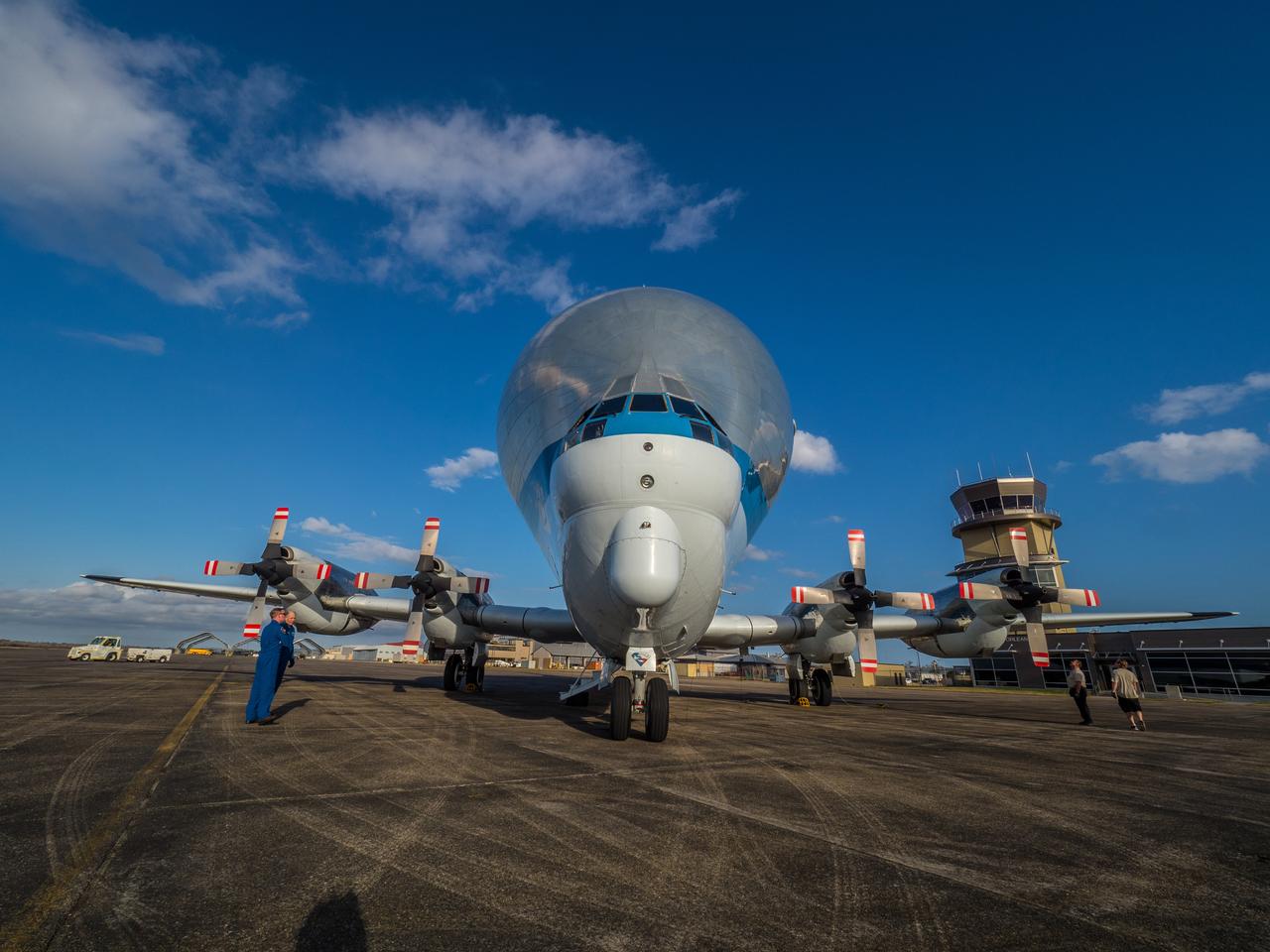 NASA's Super Guppy airplane arrives in New Orleans, Louisiana on Jan. 31, 2016. The Guppy will transport Orion's Artemis I crew module pressure vessel to Kennedy Space Center for final assembly. Part of Batch image transfer from Flickr.