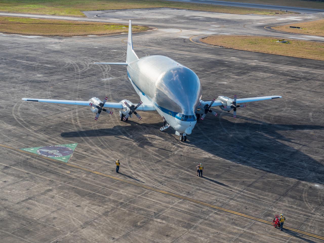 NASA's Super Guppy airplane arrives in New Orleans, Louisiana on Jan. 31, 2016. The Guppy will transport Orion's Artemis I crew module pressure vessel to Kennedy Space Center for final assembly. Part of Batch image transfer from Flickr.
