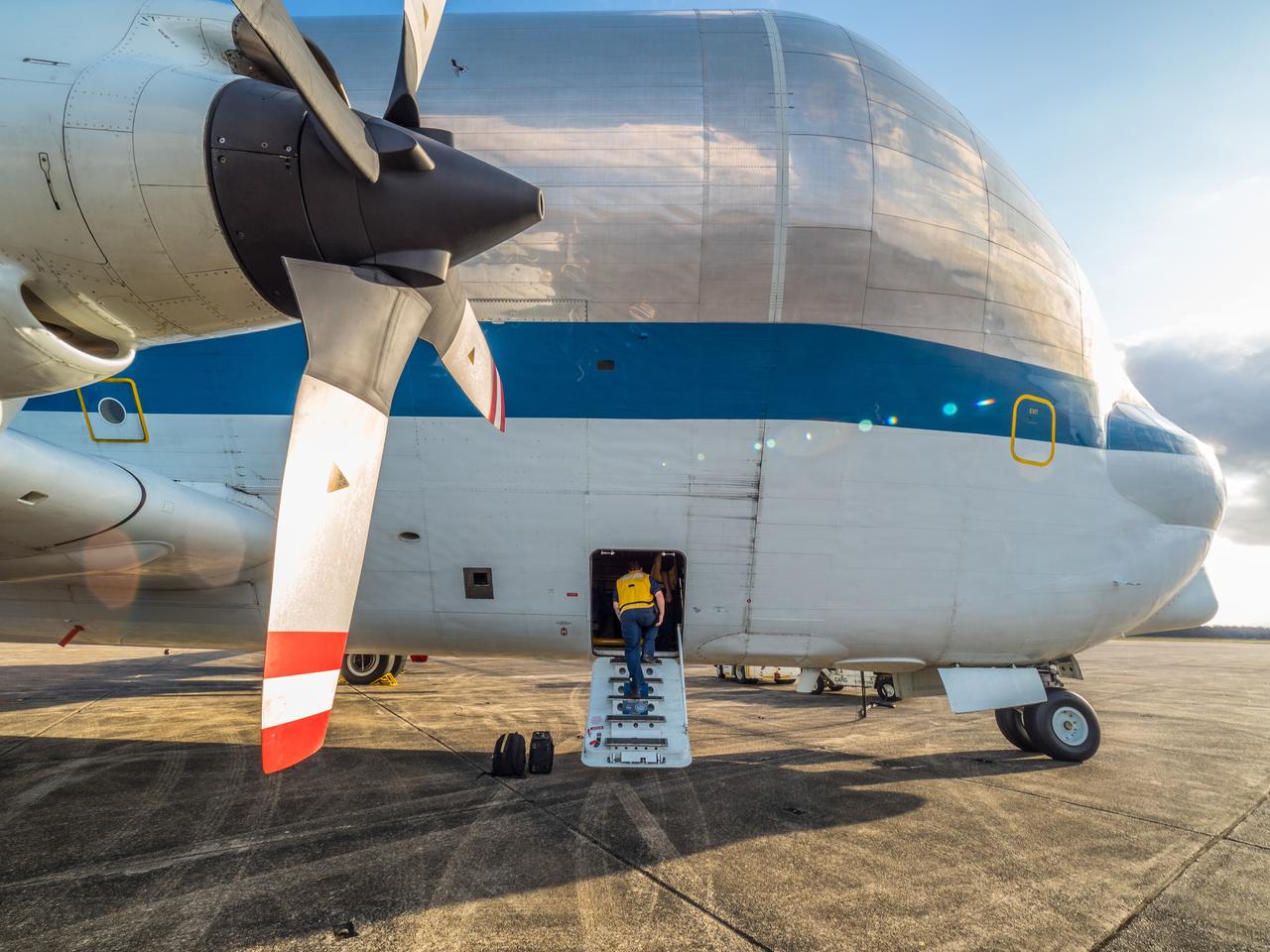NASA's Super Guppy airplane arrives in New Orleans, Louisiana on Jan. 31, 2016. The Guppy will transport Orion's Artemis I crew module pressure vessel to Kennedy Space Center for final assembly. Part of Batch image transfer from Flickr.