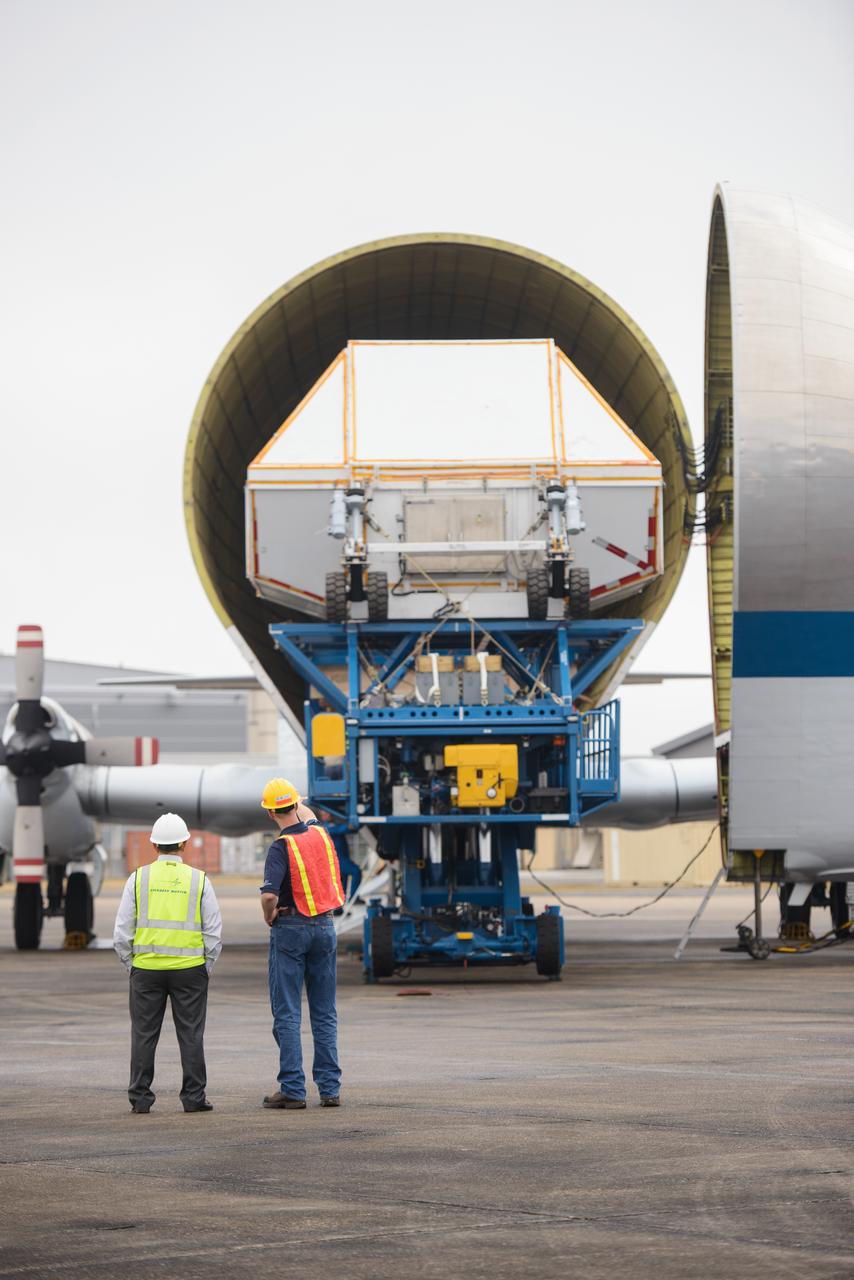 Artemis I Orion departs Michoud Assembly Facility for Kennedy Space Center in Florida on Feb. 1, 2016. The vessel was loaded onto NASA's Super Guppy cargo aircraft. Part of Batch image transfer from Flickr.