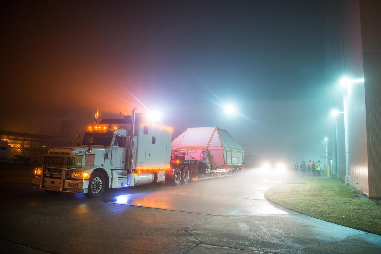 Artemis I Orion departs Michoud Assembly Facility for Kennedy Space Center in Florida on Feb. 1, 2016. The vessel was loaded onto NASA's Super Guppy cargo aircraft. Part of Batch image transfer from Flickr.