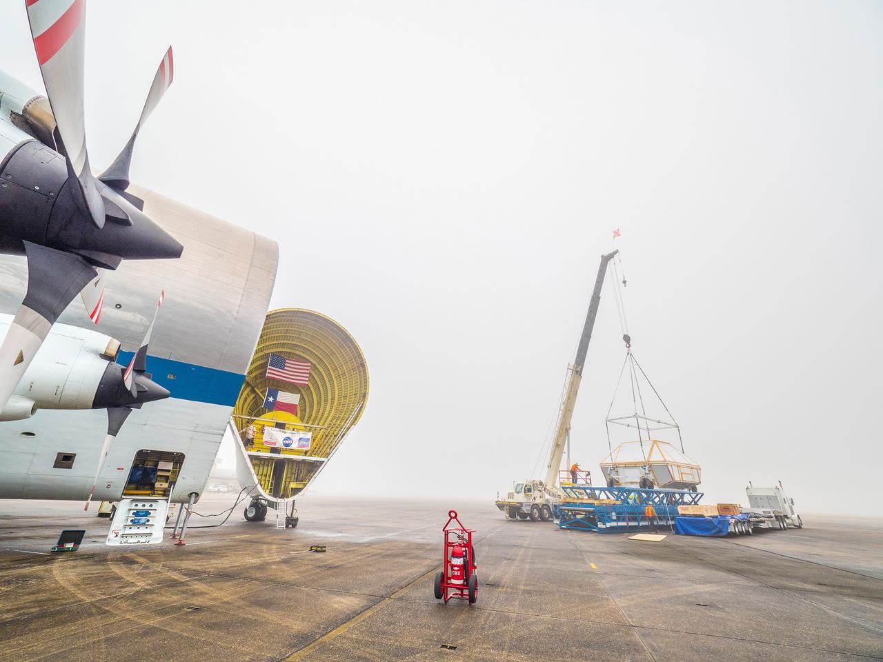 The Artemis I Orion crew module pressure vessel is loaded on NASA's Super Guppy plane in New Orleans for transport to Kennedy Space Center on Feb. 1, 2016. Part of Batch image transfer from Flickr.