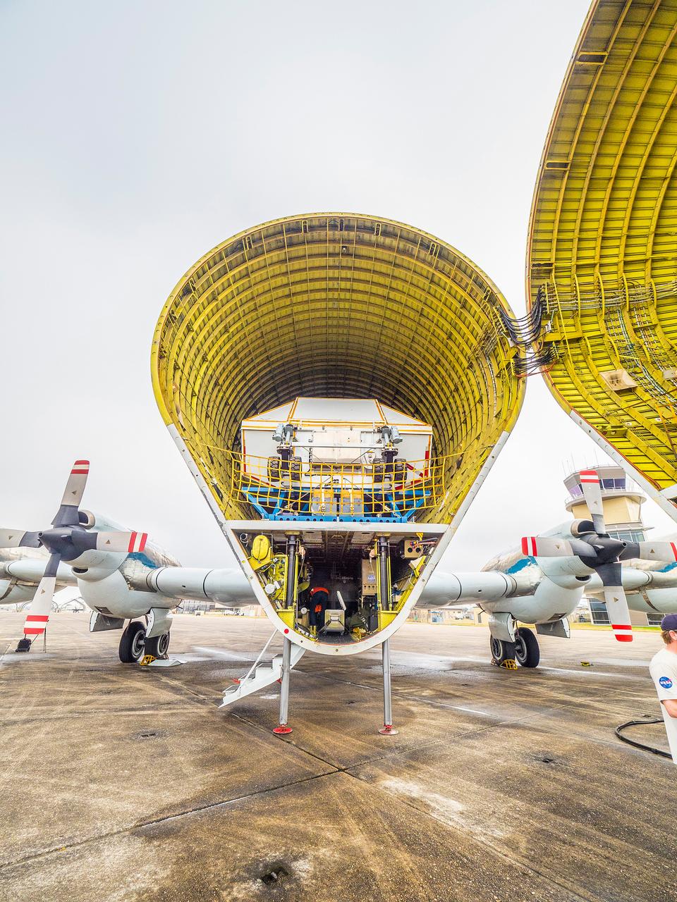 The Artemis I Orion crew module pressure vessel is loaded on NASA's Super Guppy plane in New Orleans for transport to Kennedy Space Center on Feb. 1, 2016.  Part of Batch image transfer from Flickr.