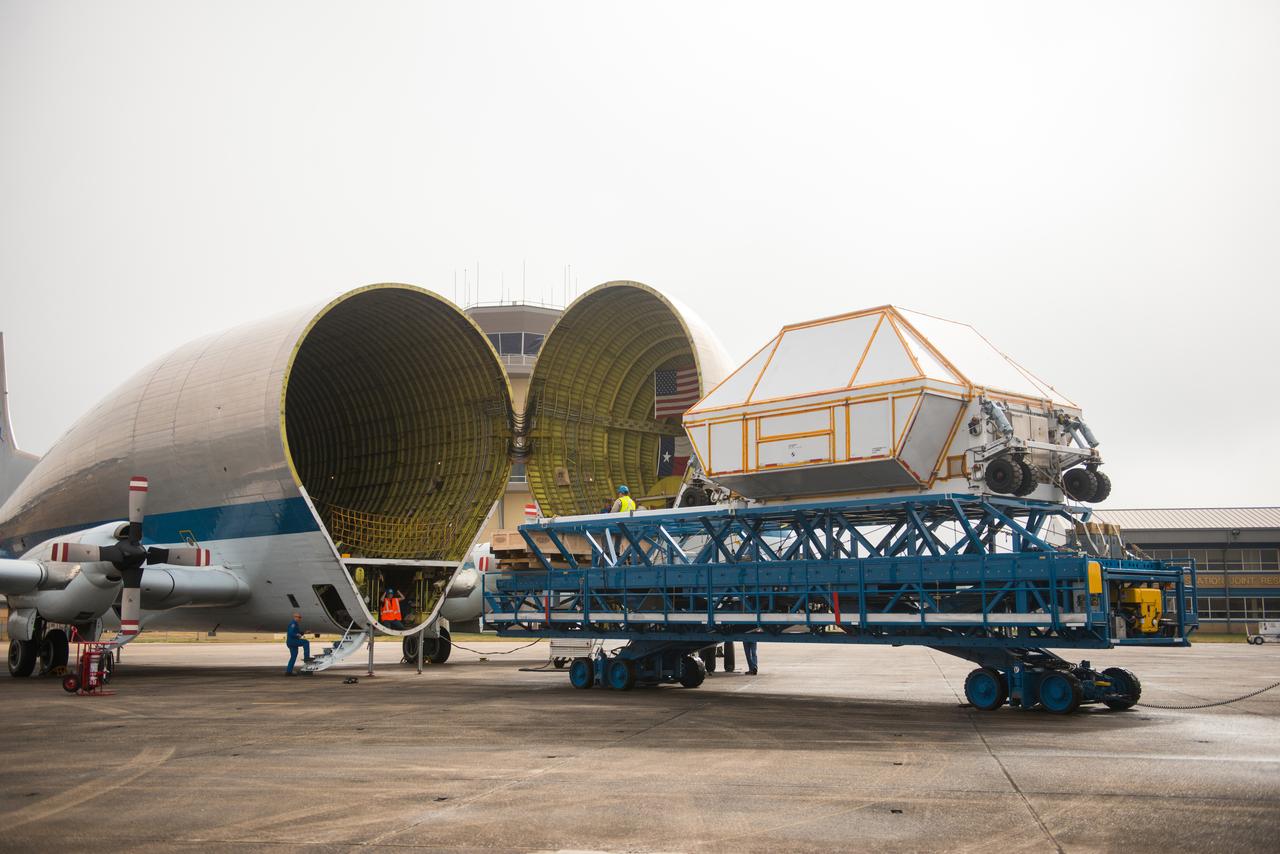 Artemis I Orion departs Michoud Assembly Facility in New Orleans for Kennedy Space Center in Florida on Feb. 1, 2016. The vessel was loaded onto NASA's Super Guppy cargo aircraft. Part of Batch image transfer from Flickr.