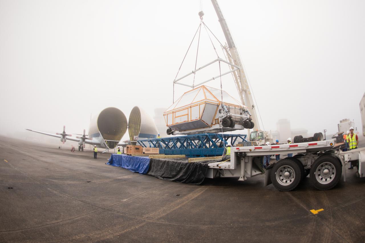 The Artemis I Orion crew module pressure vessel is loaded on NASA's Super Guppy plane in New Orleans for transport to Kennedy Space Center on Feb. 1, 2016. Part of Batch image transfer from Flickr.