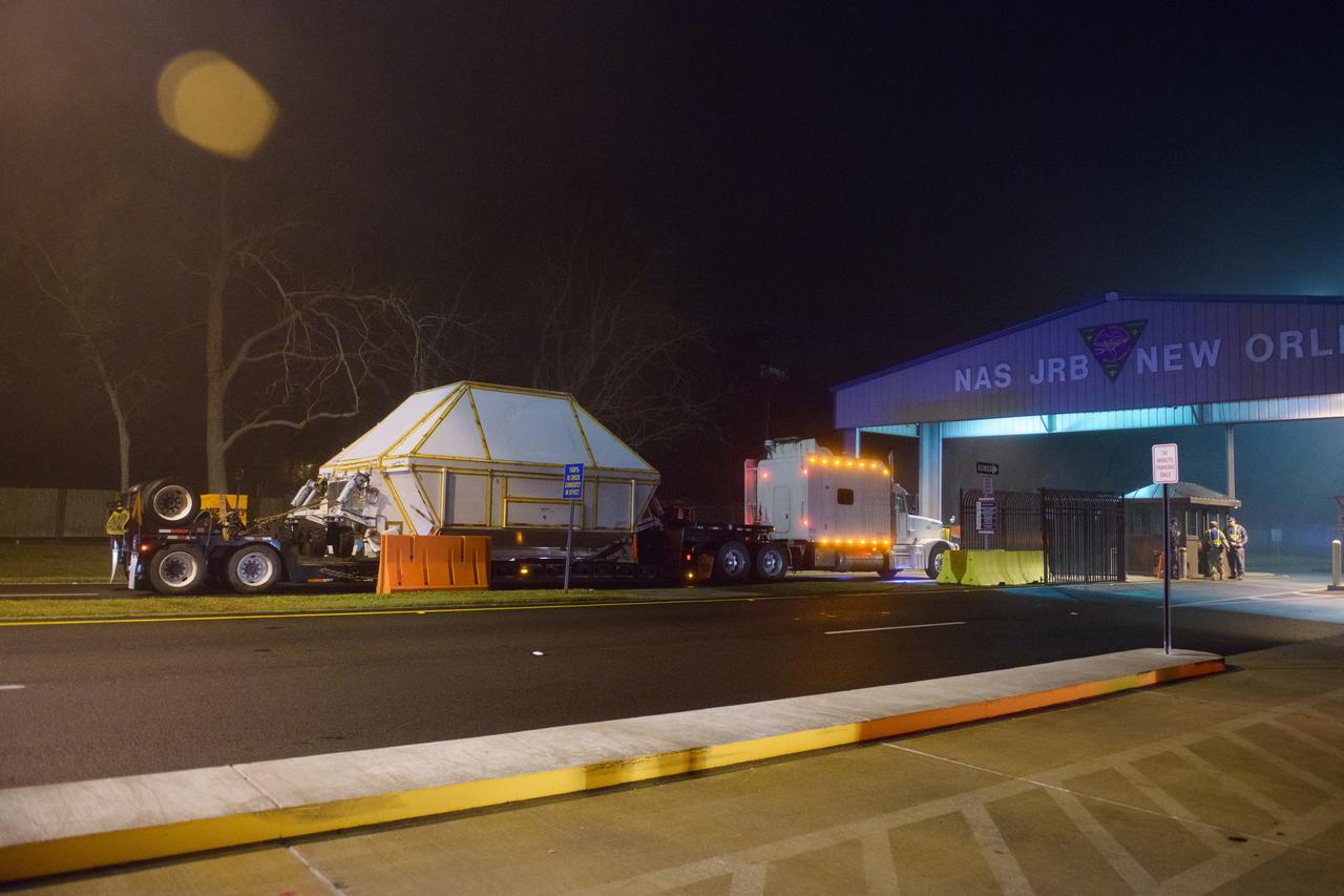 Artemis I Orion departs Michoud Assembly Facility for Kennedy Space Center in Florida on Feb. 1, 2016. The vessel was loaded onto NASA's Super Guppy cargo aircraft.  Part of Batch image transfer from Flickr.