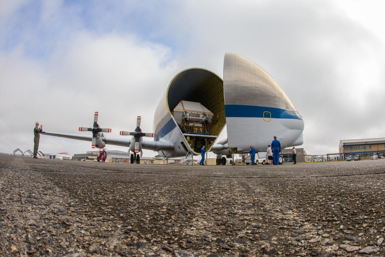 Artemis I Orion departs Michoud Assembly Facility for Kennedy Space Center in Florida on Feb. 1, 2016. The vessel was loaded onto NASA's Super Guppy cargo aircraft.  Part of Batch image transfer from Flickr.