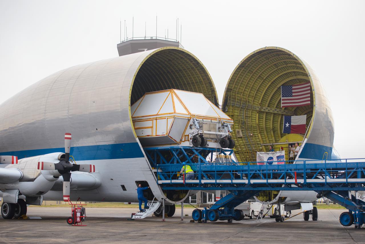 Artemis I Orion departs Michoud Assembly Facility for Kennedy Space Center in Florida on Feb. 1, 2016. The vessel was loaded onto NASA's Super Guppy cargo aircraft.  Part of Batch image transfer from Flickr.