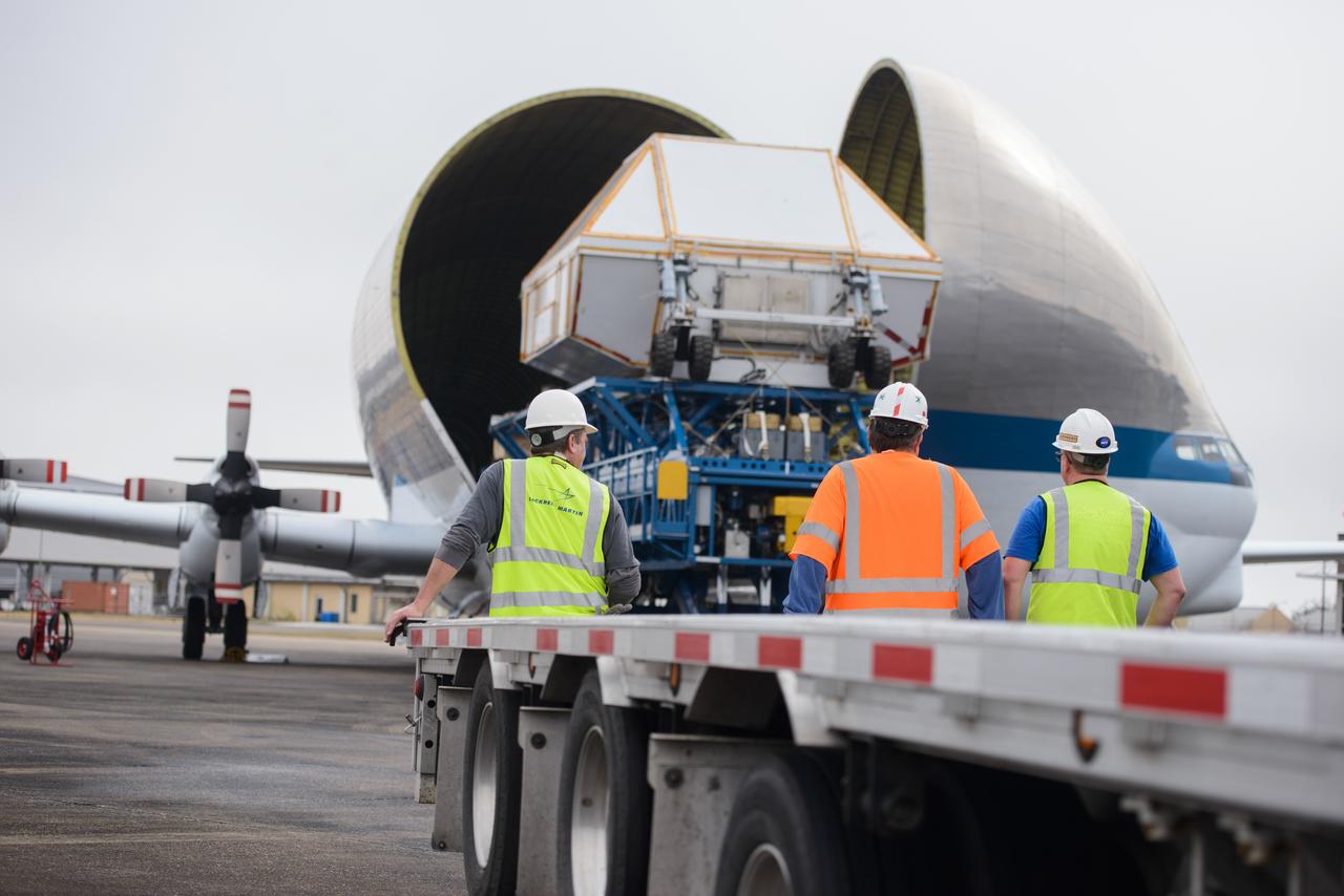 Artemis I Orion departs Michoud Assembly Facility for Kennedy Space Center in Florida on Feb. 1, 2016. The vessel was loaded onto NASA's Super Guppy cargo aircraft.  Part of Batch image transfer from Flickr.